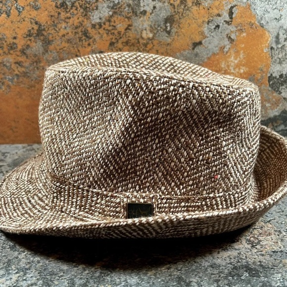 Vintage OLE Fedora Adult Mens OSFM Ivory & Tan Wool Textured Tweed Hat EUC - Picture 2 of 9